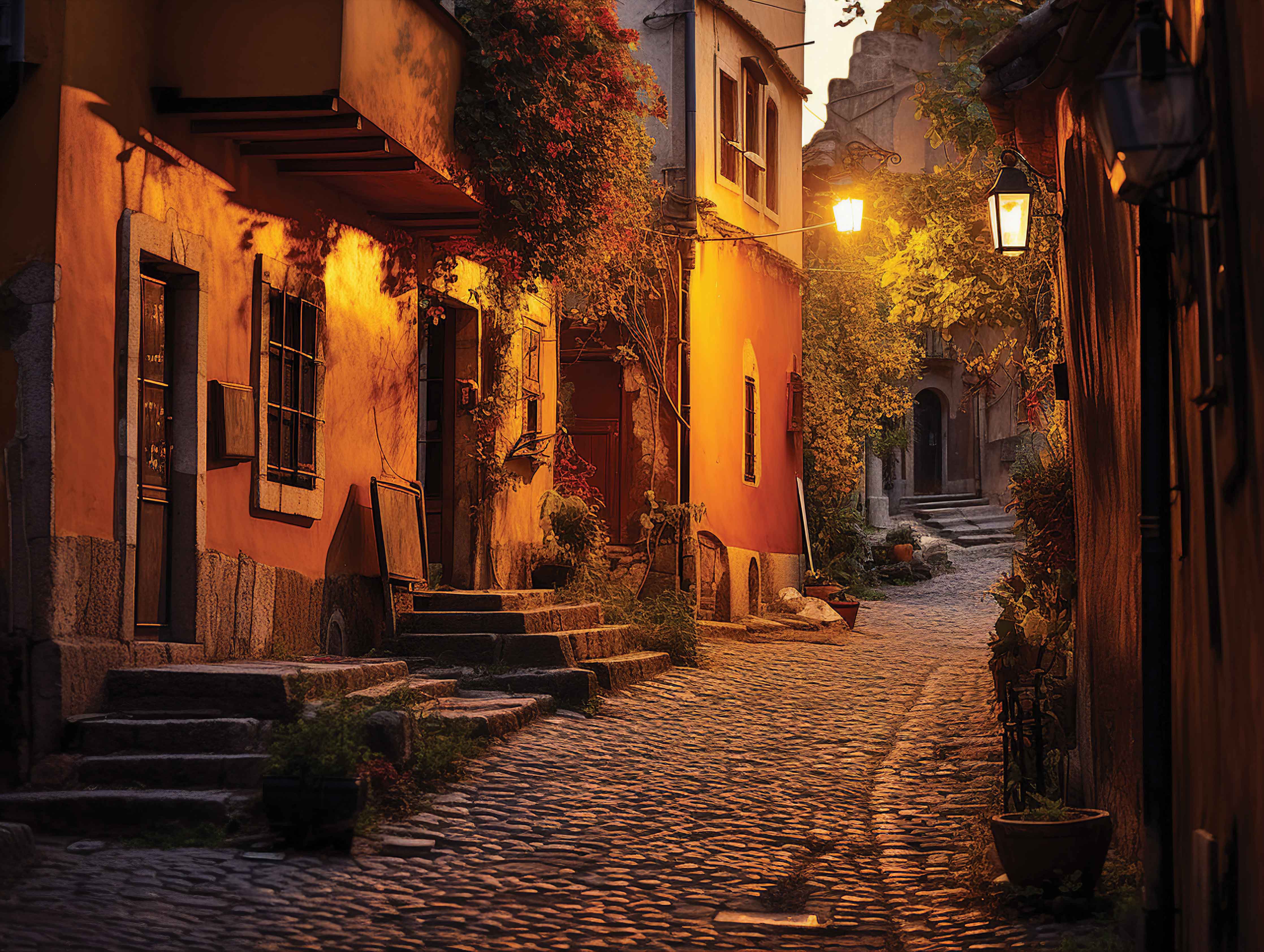 Sonnenuntergang europäischer Gasse